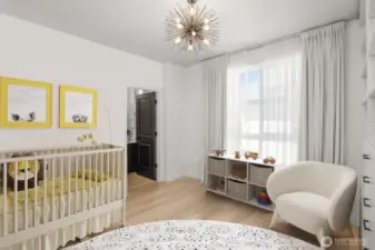 Virtually staged 3rd floor bedroom, shows spacious layout option with wall shelving removed.