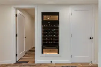 Beautiful lit wine display. Closet is under-stair storage.
