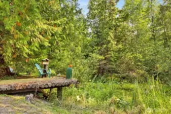 One of the other ponds on the property features a whimsical dock