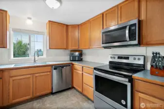 Kitchen has a great layout and lots of counter space.