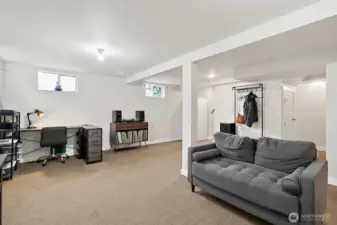 Tall ceilings make this space feel large and not like a basement!