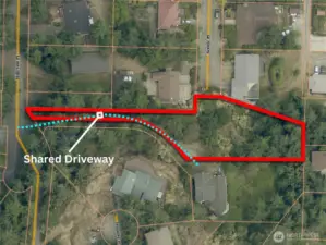 Approximate boundary lines in red with approximate route of the shared driveway in view.