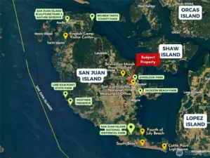 Location of property in relation to San Juan Island and various parks or areas for recreation.