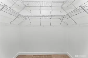 Walk-in closet offers great storage space and organization with new shelving.