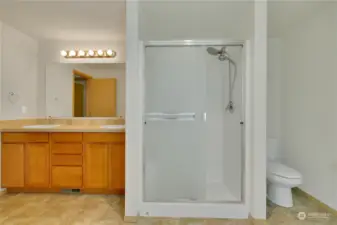 Step-in shower completes the 5pc bath.