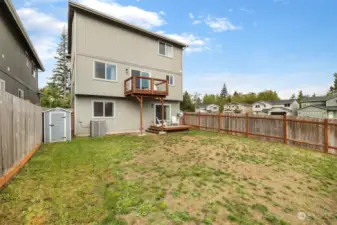 Fully fenced back yard, back of home.