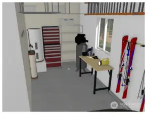 Builder rendered garage storage/shop area.