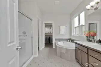 Virtually staged 5 piece primary bathroom, photo for illustration only