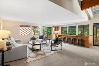 Living room with festive bar area!
