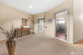 Lobby and elevator. The elevator services all floors including the secured lower garage.