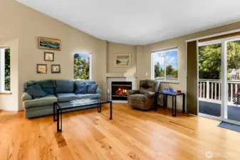 Large bonus room with gas fireplace, West facing windows to enjoy the PNW sunsets with direct access to your deck and leveled back yard.