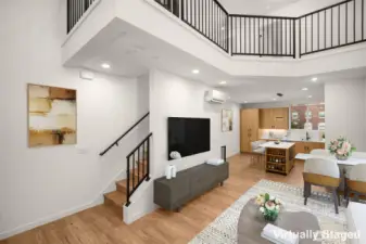 This photo has virtial staging but represents the actual cabinet & flooring color for this unit