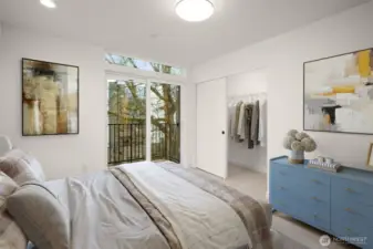 Primary suite showing step out balconcy and additional closet (there is also a Walk-in closet).   Virtual Staging...