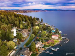 Drone shot of the Champagne Point neighborhood in Kirkland and proximity to Lake Washington.