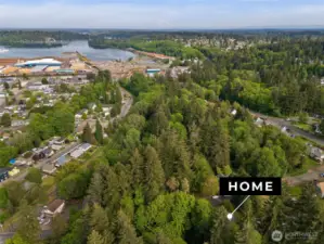The property, downtown Shelton and industrial area, Hammersley Inlet/Oakland Bay.  If you squint, in the distance you can see Mt. Rainier