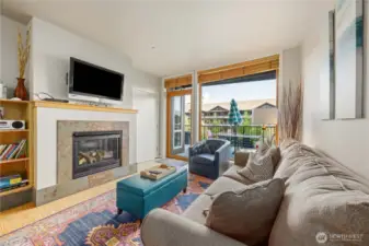 Gas fireplace in living provides a cozy setting