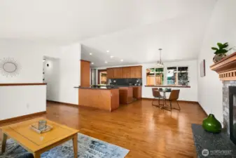 Open concept living space to kitchen