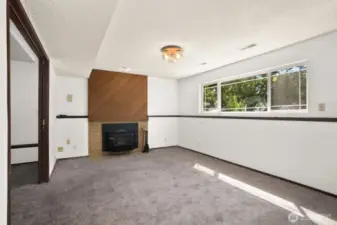 Lower level bonus room with very affective fireplace that can heat home