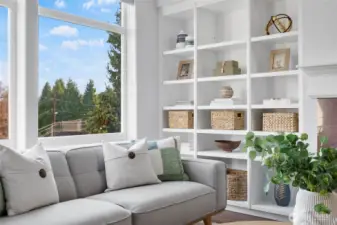 Stylish built-ins are a feature of the living room.