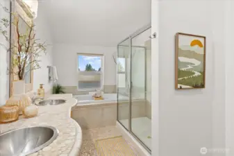 Primary En-Suite 5 Piece Bathroom. The quality material elevates this space to a true Spa like experience!