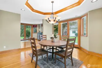 Dining room with bright lighting.