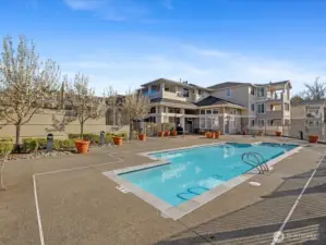 Seasonal outdoor pool and patio area with surrounding residential buildings, landscaped grounds, and open sky exposure. Community amenity includes outdoor pool and shared recreation space.