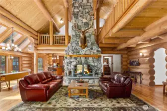 26' River rock fireplace.