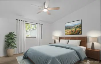 Primary bedroom with vaulted ceiling - virtually staged.