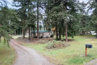 A welcoming view of the long driveway leading onto the 1.22-acre property, framed by tall evergreens for privacy and a true country feel. The home sits tucked among the trees with plenty of open space around it, giving buyers a sense of the peaceful setting as soon as they arrive. The driveway offers easy access, ample parking, and a great first impression of the quiet, wooded surroundings.