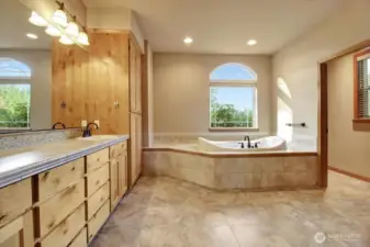 Primary bath with soaking tub, privacy room and dual sinks