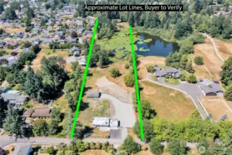 Aerial view of the approximate lot lines encompassing the home and outbuilding.