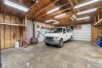 Inside of garage that is a 20ft van