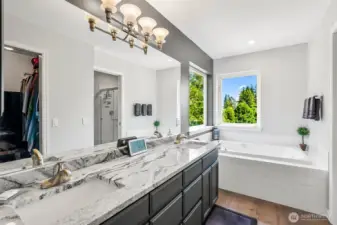 Granite countertop, double sinks.
