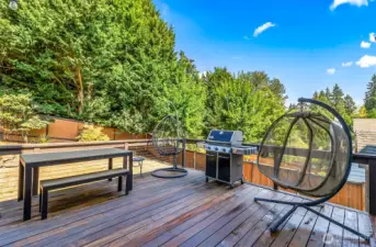 Oversized deck overlooking the fully fenced backyard.