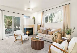 Cozy, front living room flooded with natural light