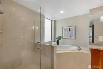 Primary bath features Separate walk in shower and soaking tub