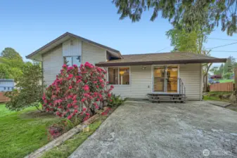 Large entertaining area with mature landscaping and privacy. Easy access to kitchen with sliding glass door. 2nd small patio outside lower level sliding glass door hiding behind the beautiful rhody.