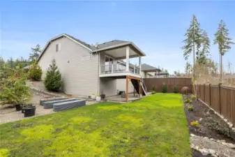 Fully fenced backyard with usable lawn space, landscaped borders, and a covered deck for easy outdoor living