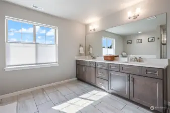 Sunny & expansive en suite bath features a large double vanity.