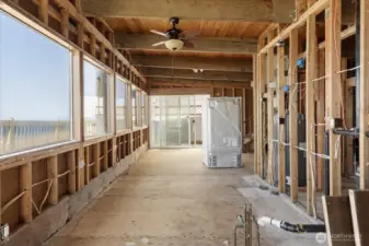 Main level, water damage mitigated, down to studs.