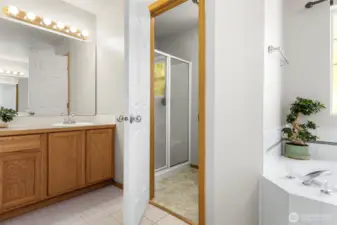 Primary bath has dual vanities and two walk-in closets