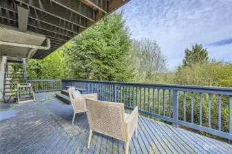Spacious deck on lower level provides loads of privacy and entertainment possibilities. Overlooks the lush natural wonders of the deep back yard.