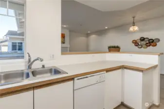 Kitchen overlooks the living room