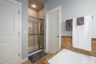 Primary suite bathroom has separate tub and shower, both with tiled surround.