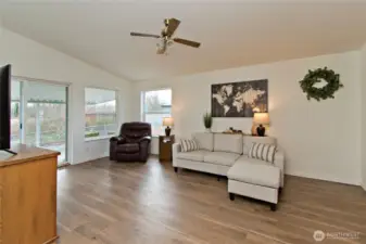 Family room with slider to back private fenced yad