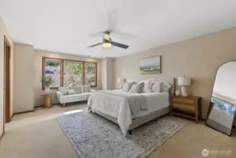 Retreat upstairs to your Primary bedroom suite. Ceiling fans in all of the bedrooms to keep the air cool and fresh. This room is large enough for a sitting area, or a small desk to thoughtfully journal as you gaze out the windows.