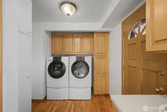 Dedicated laundry area with cabinetry and direct access to the backyard.