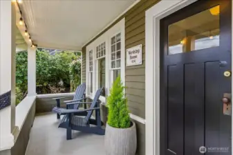 Quintessential covered porch with craftsman columns.