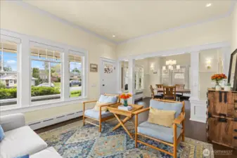 Looking out to the front porch and dining room.