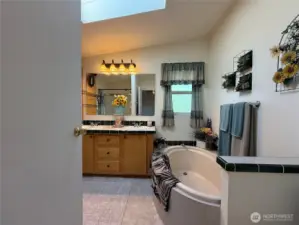 Primary bedroom ensuite filled with natural light from skylight.